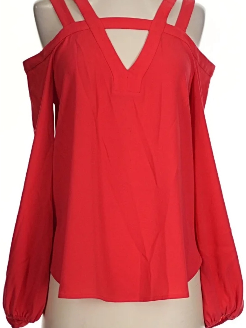 BCBGMaxAzria Red Cold-Shoulder V-Neck Blouse with Double Straps XS